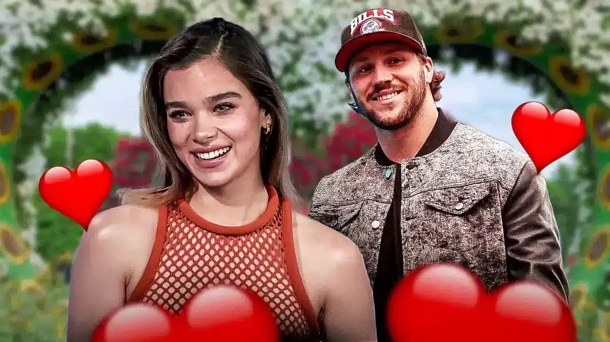 Hailee Steinfeld and Josh Allen surrounded by hearts.