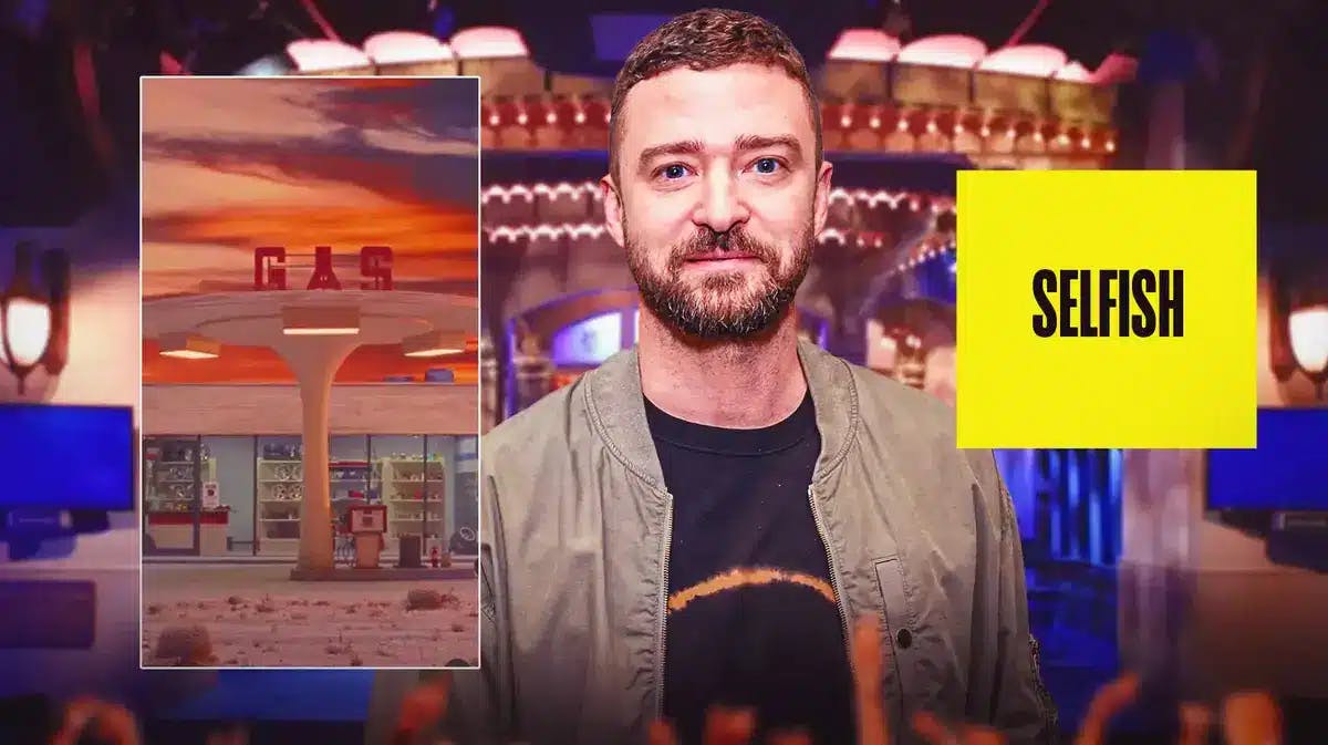 Justin Timberlake flanked by screenshots of his Instagram post and YouTube teaser for Selfish.