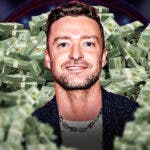 Justin Timberlake surrounded by piles of cash.
