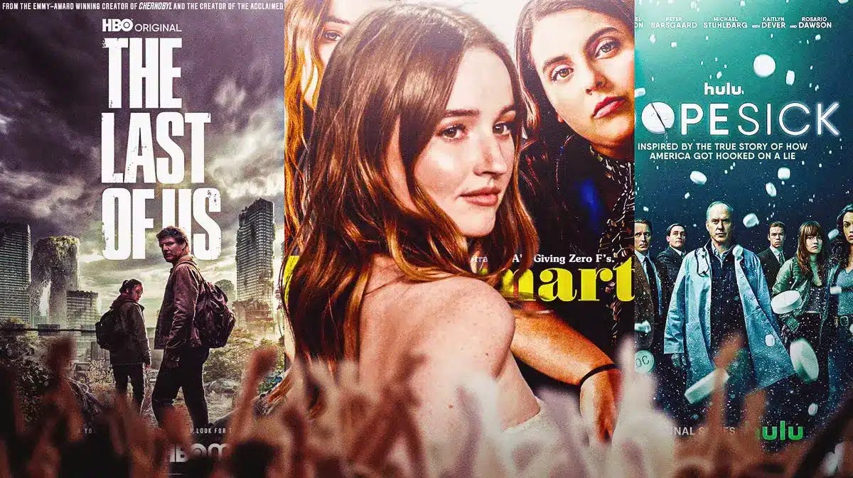 Kaitlyn Dever with posters of The Last of Us, Booksmart, and Dopesick behind her.