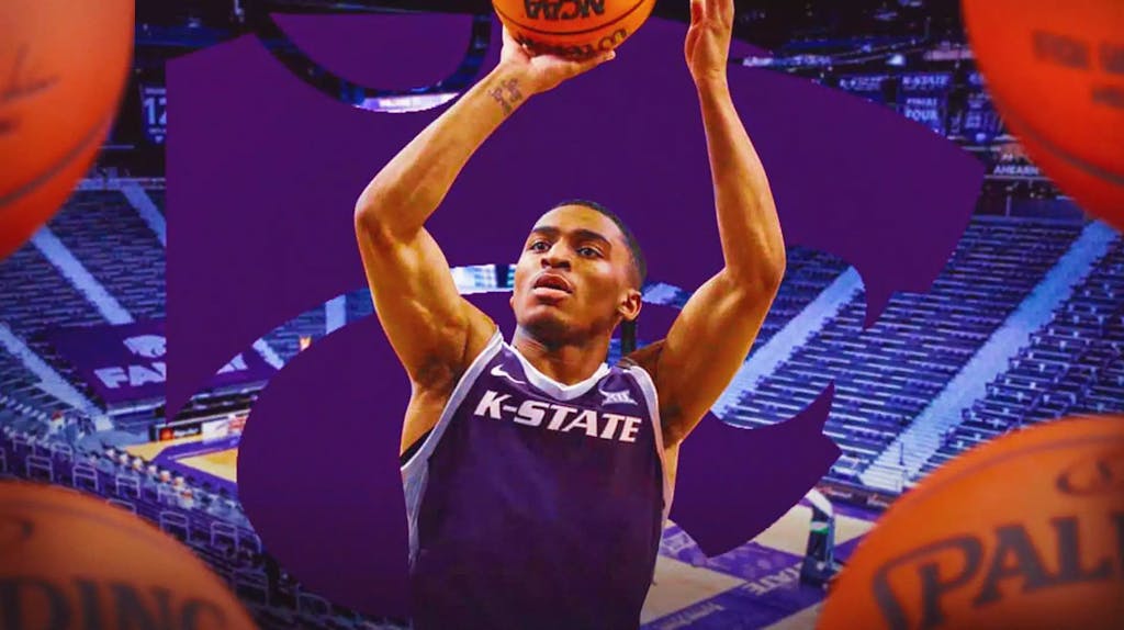 Kansas State basketball, Wildcats, Ques Glover, Jerome Tang, Ques Glover injury, Ques Glover in Kansas State uni with Kansas State basketball arena in the background