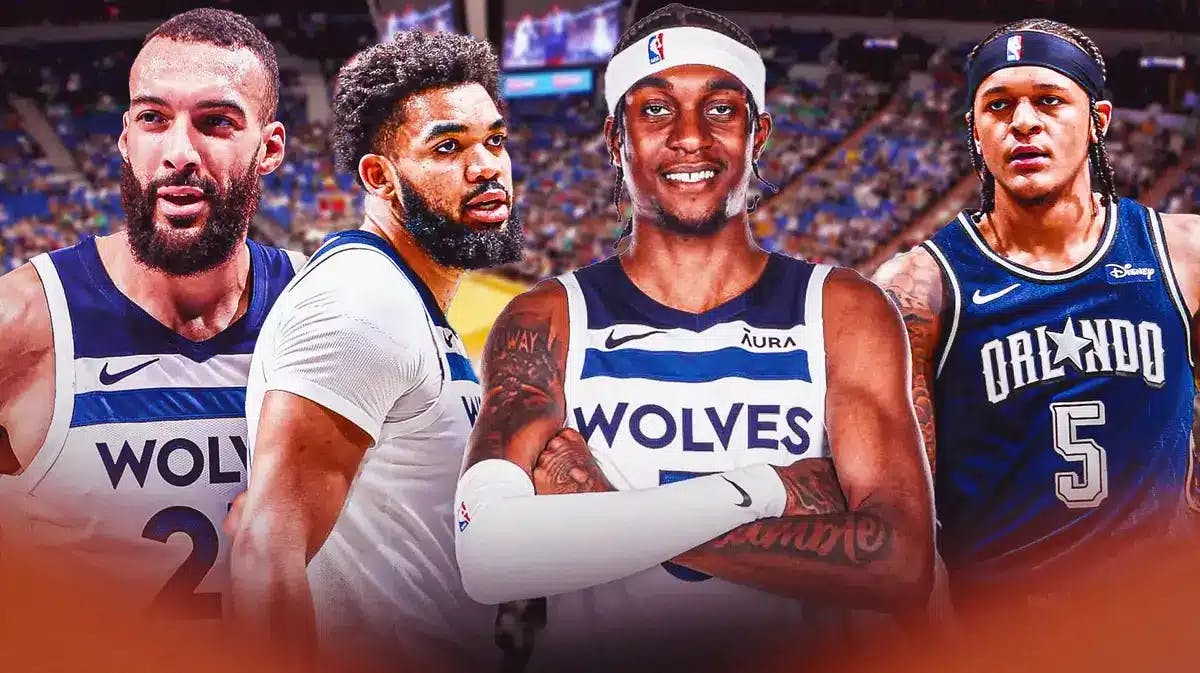 Wolves' Rudy Gobert, Karl-Anthony Towns, Jaden McDaniels and Magic's Paolo Banchero