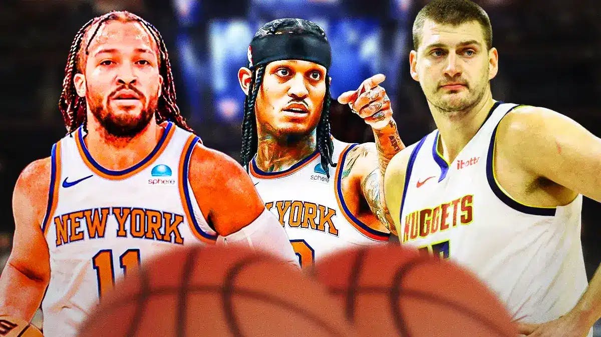 Knicks' Jalen Brunson on left, Nuggets' Nikola Jokic on right. In middle, place Jordan Clarkson in a Knicks uniform.
