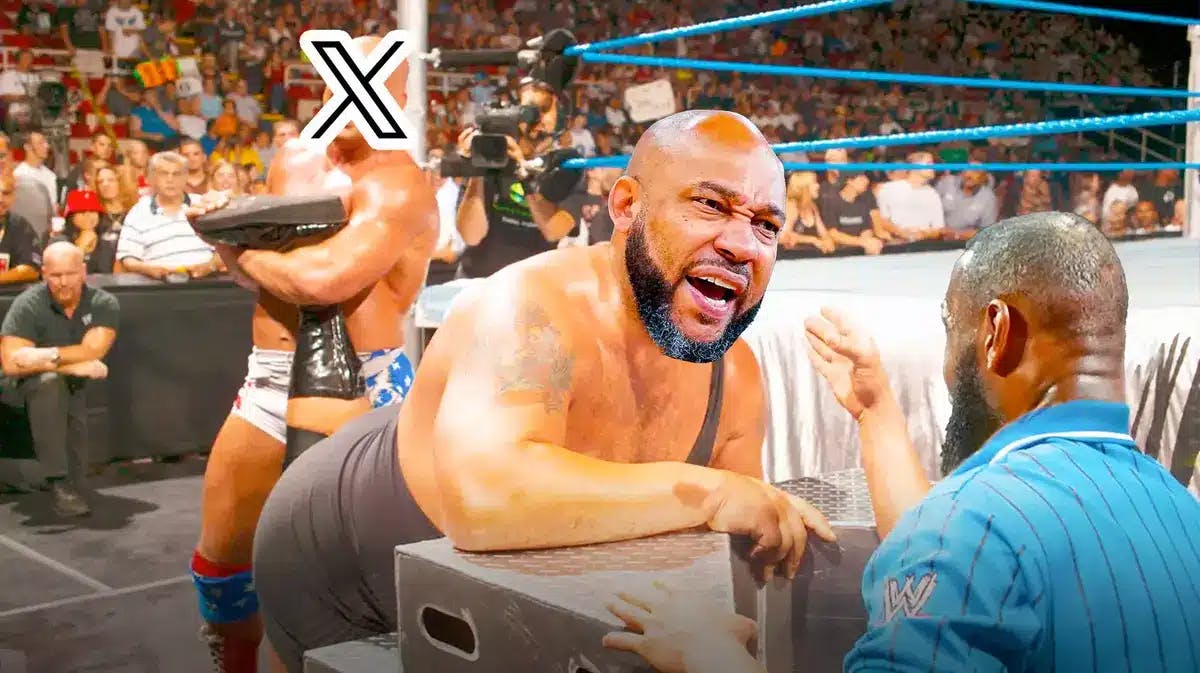 Darvin Ham (Lakers head coach) as the Big Show, PUT X (Social media app) logo on the face of Kurt Angle, LeBron James as the ref