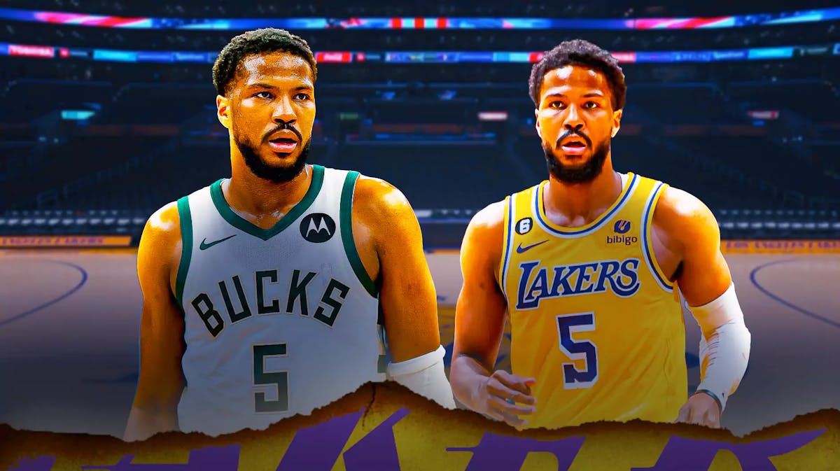 A double image of Malik Beasley, one of him in his current Bucks jersey and the other of him in his Lakers jersey from last season