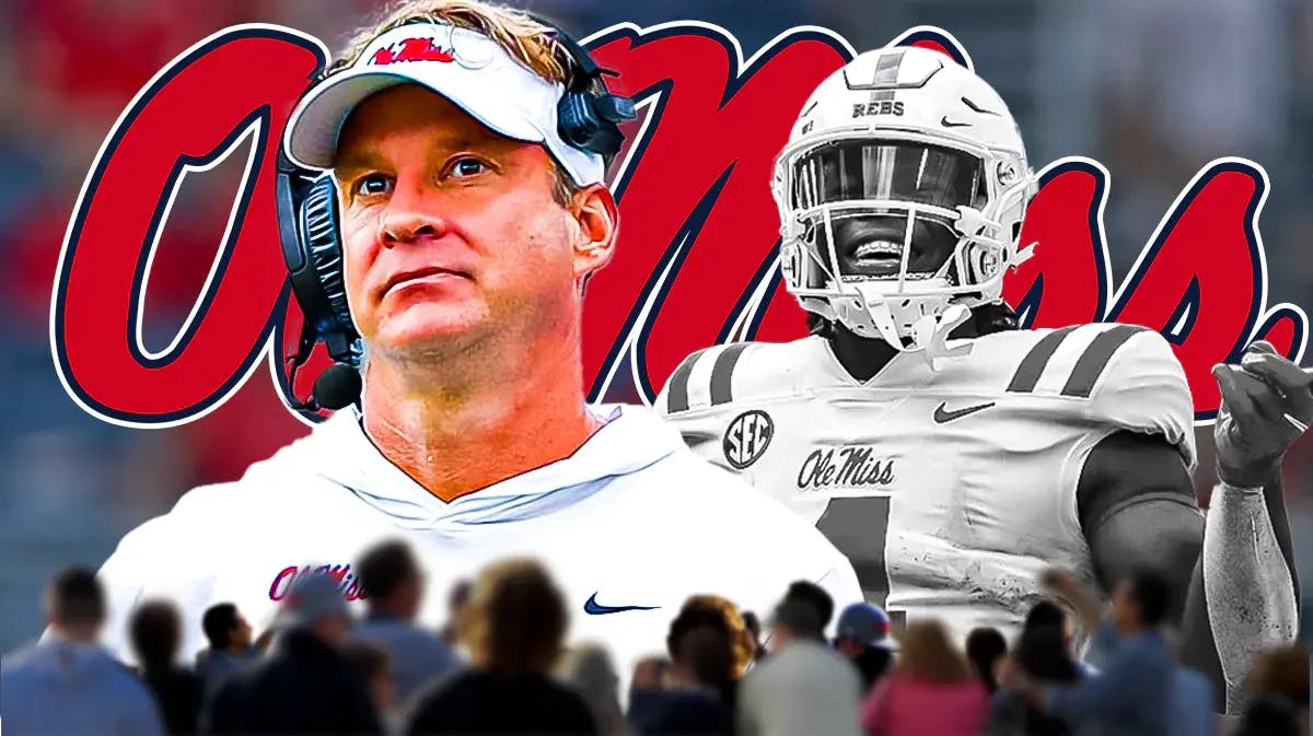 Ole Miss head coach Lane Kiffin and former Rebel standout Quinshon Judkins in front of a Ole Miss logo. Judkins is in black and white
