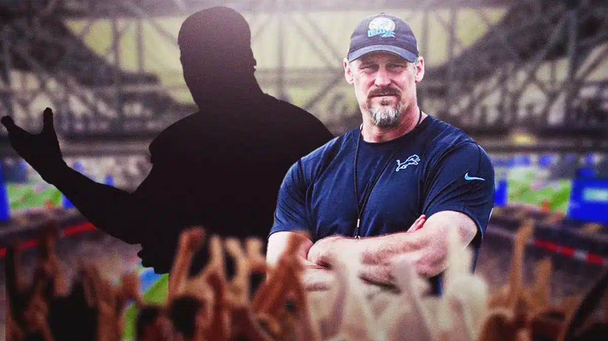 Dan Campbell next to silhoutte of Bruce Irvin (Detroit Lions)