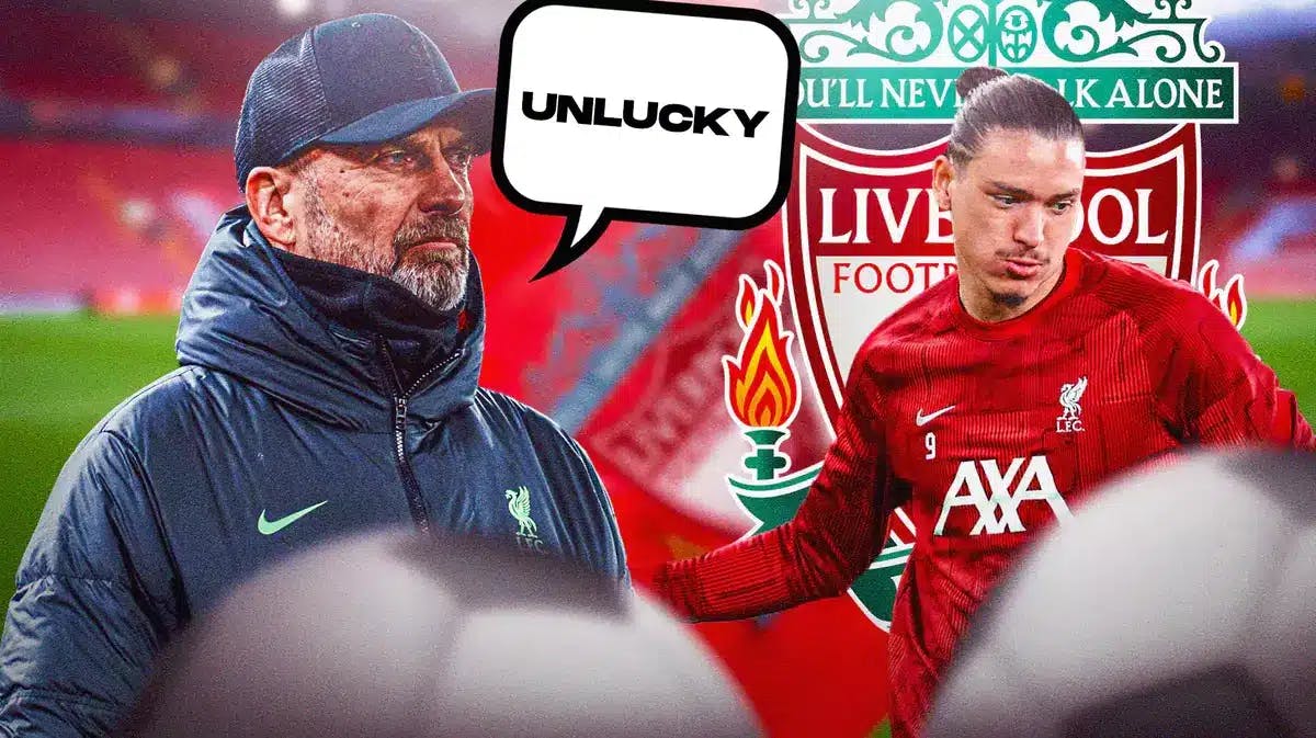 Jurgen Klopp saying: 'Unlucky' next to Darwin Nunez in front of the Liverpool logo