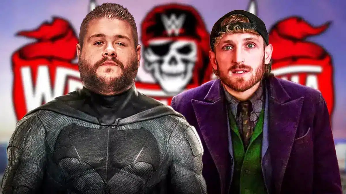 Logan Paul’s head on the Joker’s body and Kevin Owen’s head on the Batman’s body with the WrestleMania 37 logo as the background.
