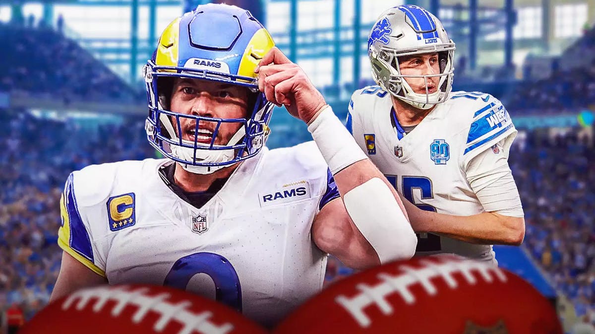 Rams, Lions, Matthew Stafford, Rams predictions, Lions Rams predictions, Matthew Stafford and Jared Goff with Lions stadium in the background