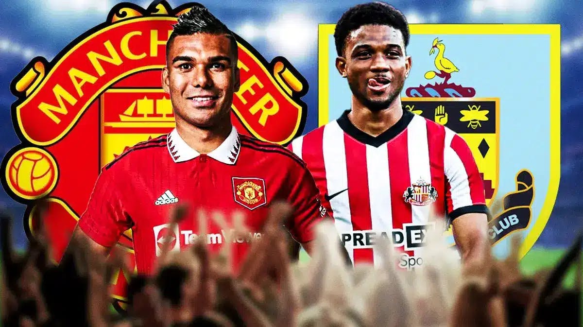 Casemiro, Amad Diallo in front of the Manchester United and Burnley logos