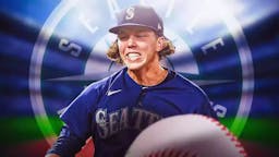 Logan Gilbert in middle of image looking happy, some money to represent contract, SEA Mariners logo, baseball field in background