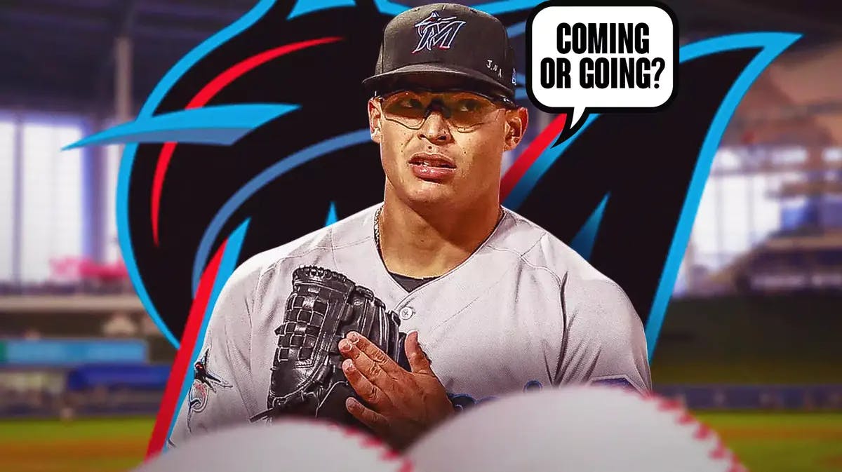 Miami Marlins' Jesus Luzardo and a speech bubble “Coming Or Going?”