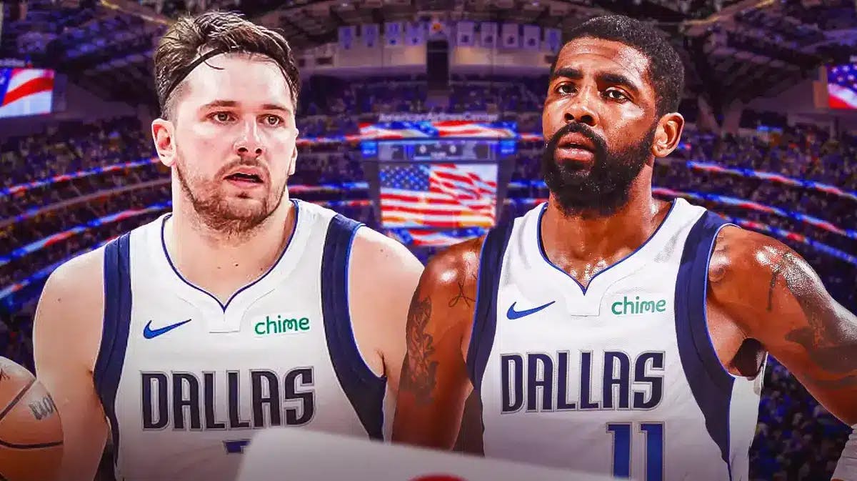 Mavs players Luka Doncic and Kyrie Irving with serious expressions