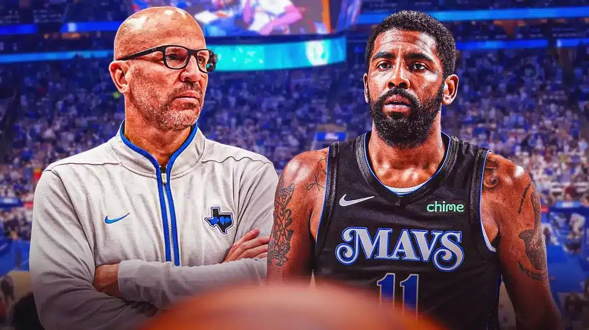 Mavs head coach Jason Kidd next to Kyrie Irving. Both have concerned/disappointed faces