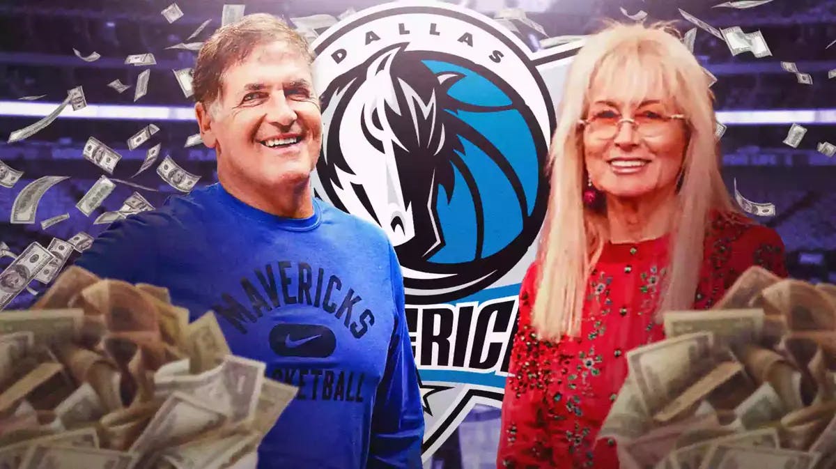 Mark Cuban and Miriam Adelson both with money raining around them in front of the American Airlines Center. Place the Mavs logo somewhere in image.