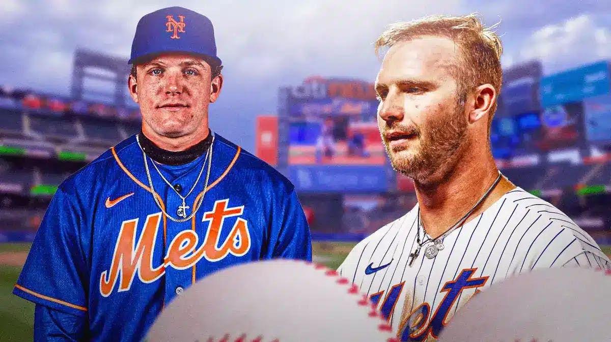 New York Mets' Pete Alonso looking happy/celebrating, and an image of Harrison Bader photoshopped in Mets uniform/hat