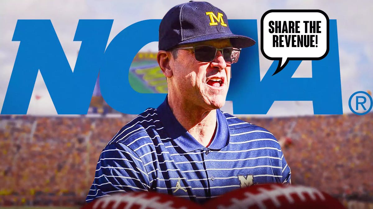 Michigan football coach Jim Harbaugh yelling "Share the revenue!" The NCAA logo behind him.