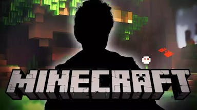Minecraft logo and background with SNL alum Kate McKinnon as silhouette.