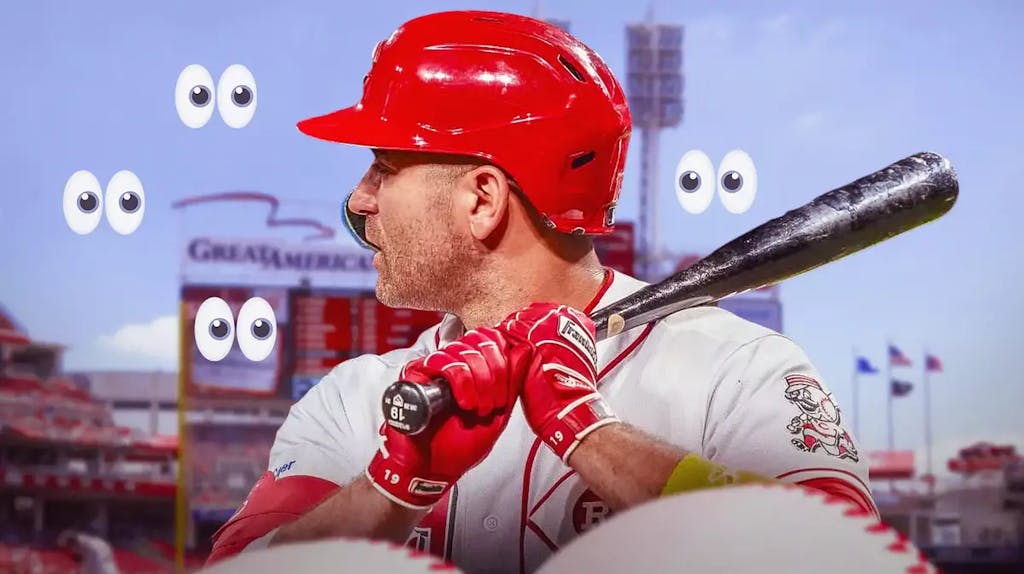 Reds' Joey Votto swinging a baseball bat. Place the eyes emoji all around him facing him.