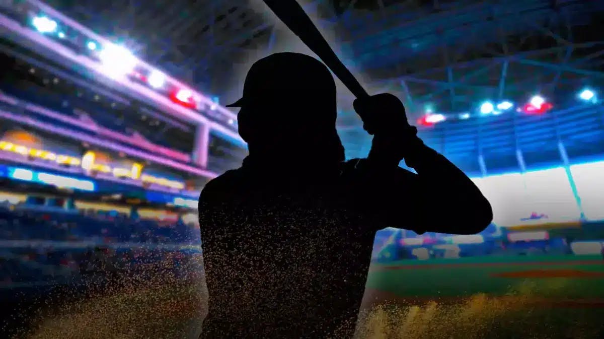 Black silhouette of Adalberto Mondesi in front of a Marlins background