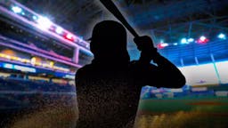 Black silhouette of Adalberto Mondesi in front of a Marlins background