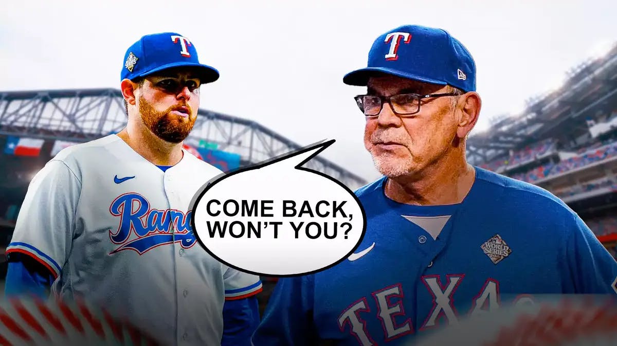 Texas Rangers pitcher Jordan Montgomery and manager Bruce Bochy and speech bubble “Come back, won’t you?”