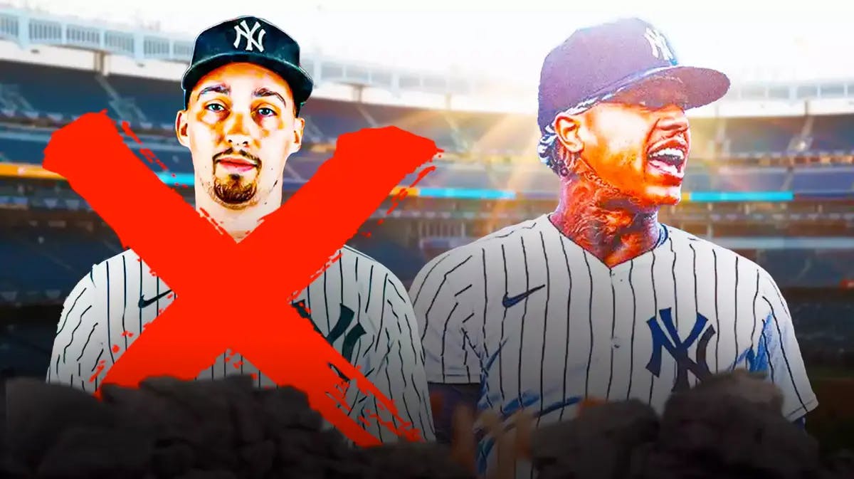 Blake Snell in a Yankees uniform with a red X through him to signify he isn’t signing with team, and an image of Marcus Stroman in Yankees uniform.