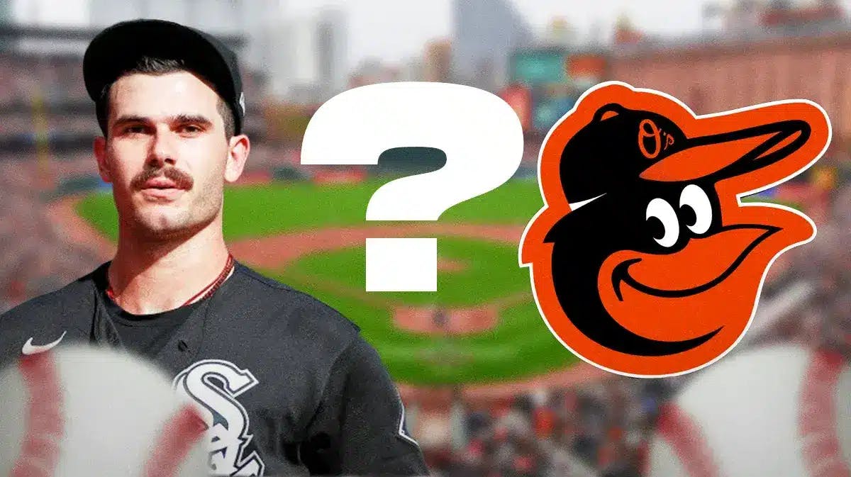 White Sox’s Dylan Cease on left. Baltimore Orioles' logo on right. Question mark in middle.