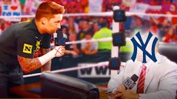 Blake Snell (Padres) as CM Punk and Yankees logo on the face of Vince McMahon