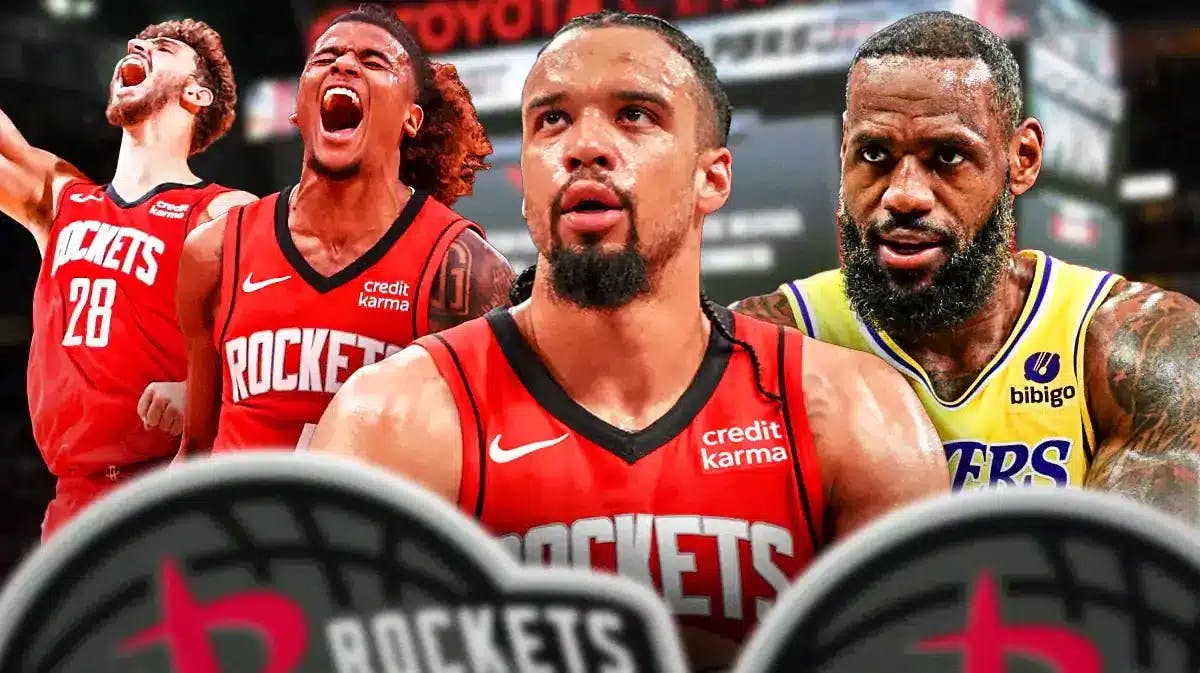 Rockets Jalen Green and Alperen Sengun pumped but make them small on the left. Rockets Dillon Brooks and Lakers LeBron James front and center. NBA media enjoying this more on the right.