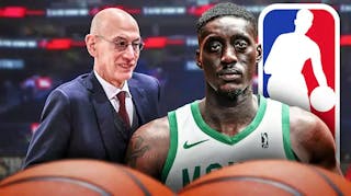 Photo: Tony Snell in basketball jersey with NBA logo and Adam Silver next to him
