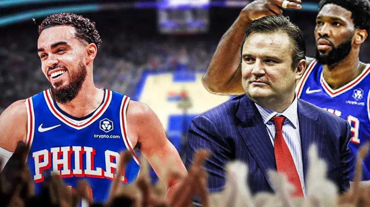 Wizards' Tyus Jones and 76ers' Daryl Morey and Joel Embiid