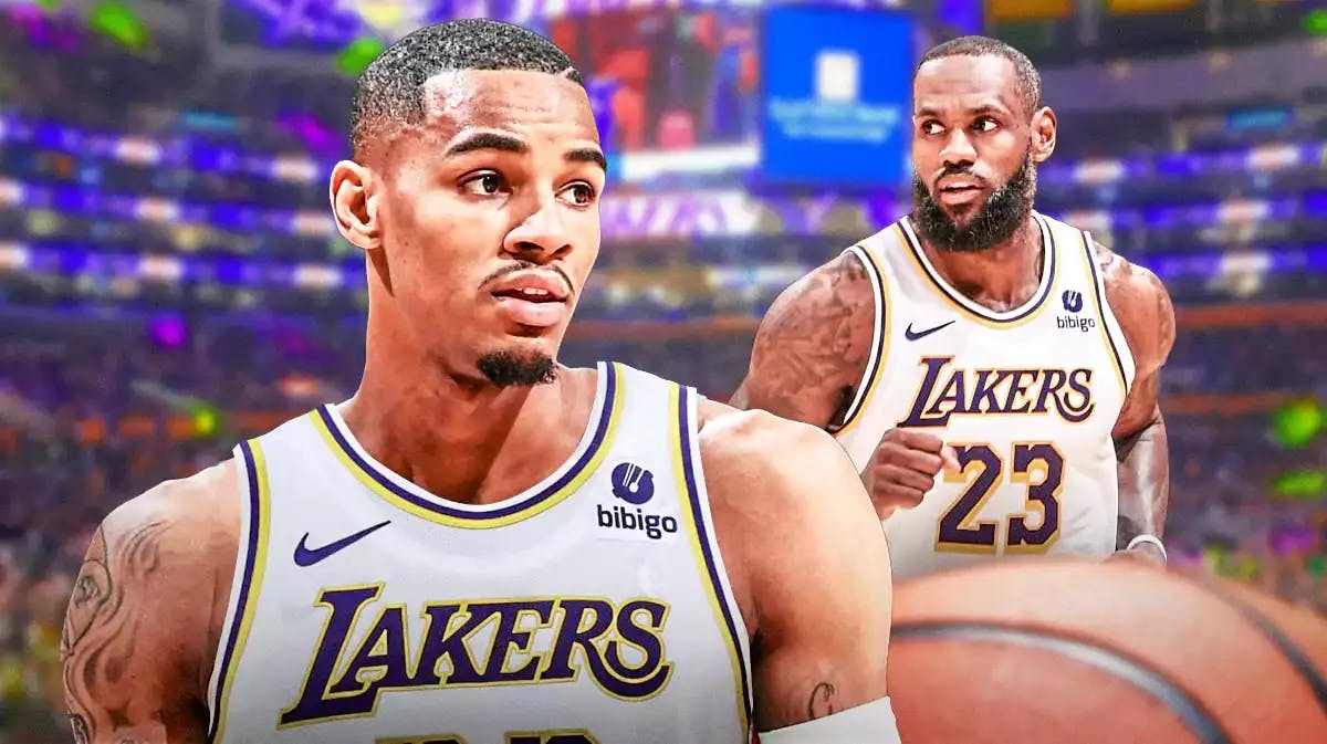On right side of image, Dejounte Murray in a Lakers uniform. On left side of image, Lakers' LeBron James pointing at Murray.