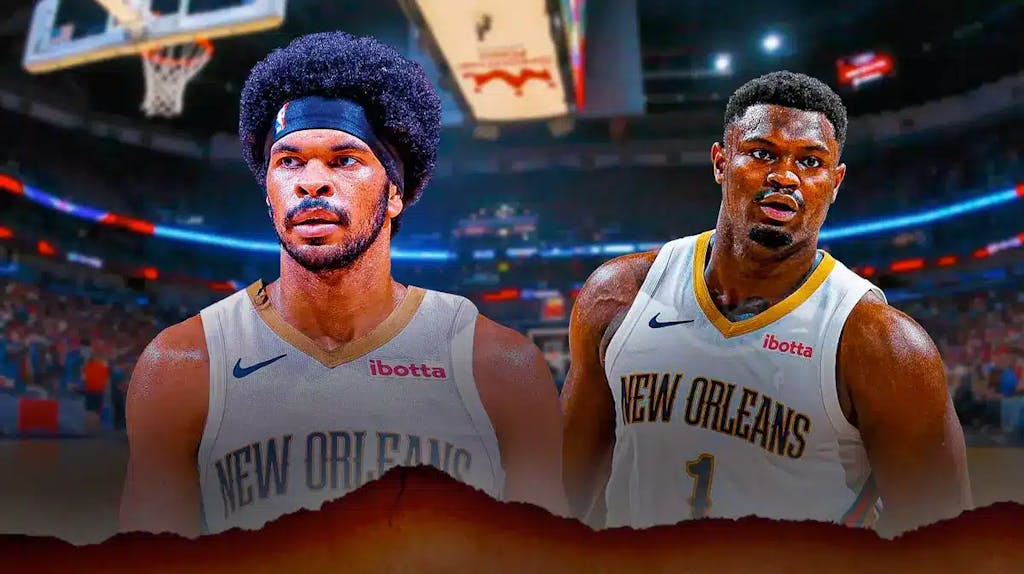 Cavs' Jarrett Allen photoshopped to be wearing a Pelicans jersey, with Zion Williamson