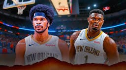Cavs' Jarrett Allen photoshopped to be wearing a Pelicans jersey, with Zion Williamson
