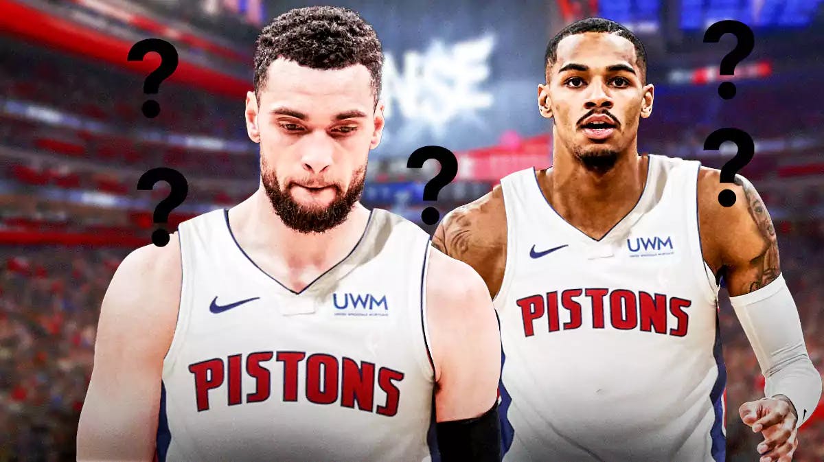 Zach LaVine, Dejounte Murray in Pistons jerseys with question marks all around them