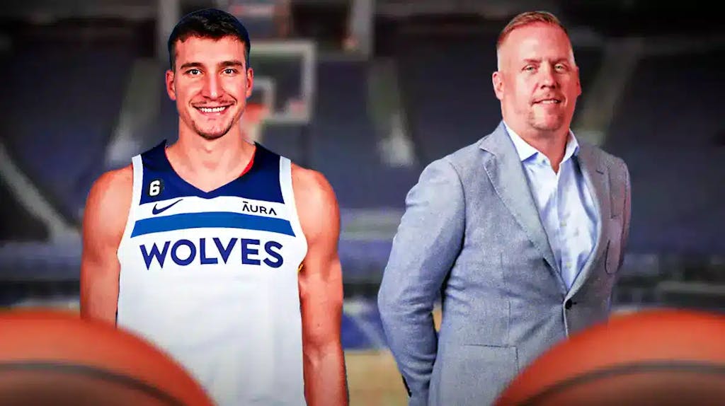 Bogdan Bogdanovic in Timberwolves jersey next to Tim Connelly