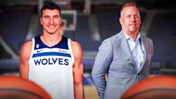 Bogdan Bogdanovic in Timberwolves jersey next to Tim Connelly