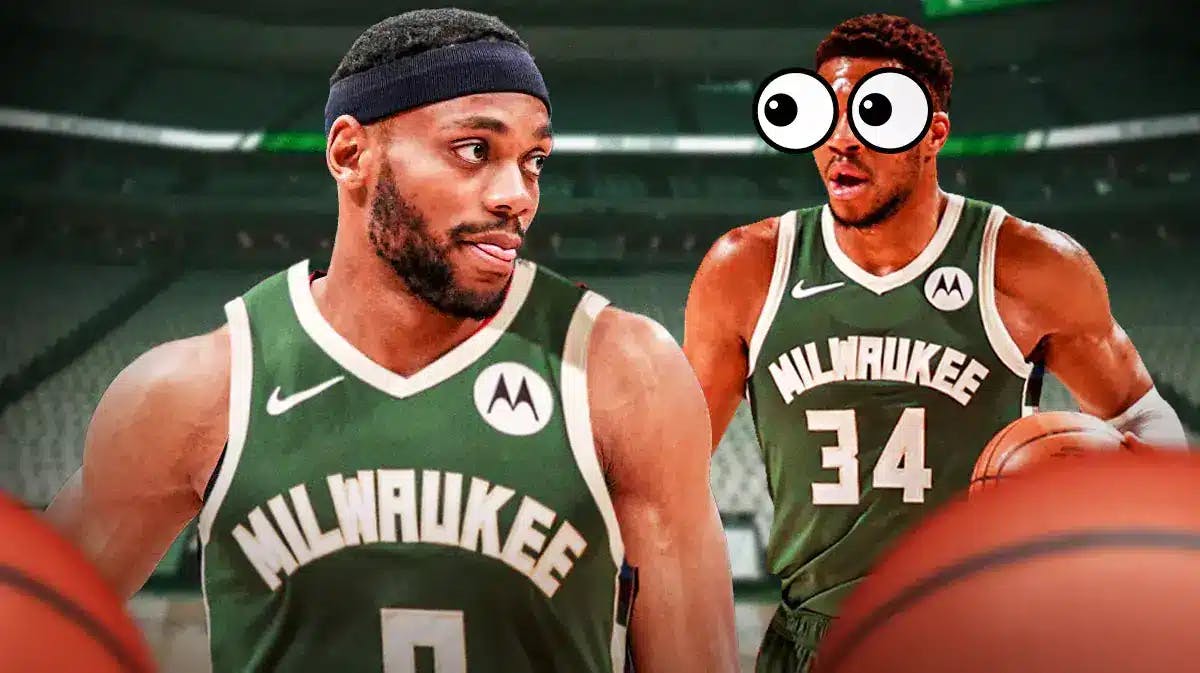 Giannis Antetokounmpo with big emoji eyes looking at Bruce Brown in a Bucks uniform