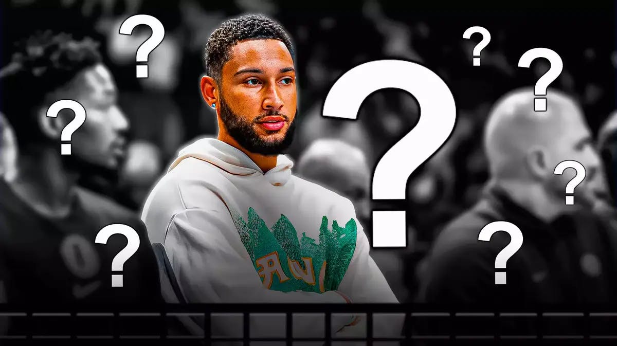 Nets' Ben Simmons sitting down on an NBA sideline with question marks everywhere.