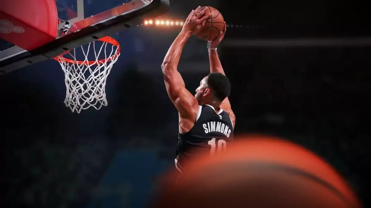 Nets' Ben Simmons dunking a basketball.
