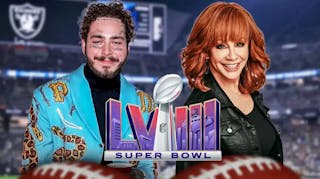 Post Malone, Reba McEntire, and the Super Bowl LVIII logo