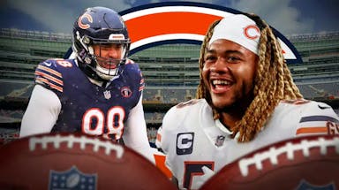 Bears Montez Sweat and Chase Young wearing a Bears jersey in front of a Bears logo at Soldier Field
