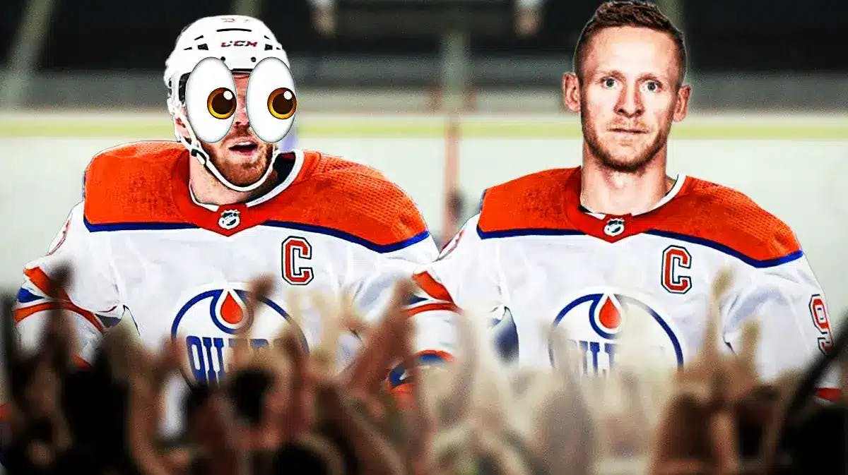 Connor McDavid with eyeball emojis looking at Corey Perry in an Oilers uniform