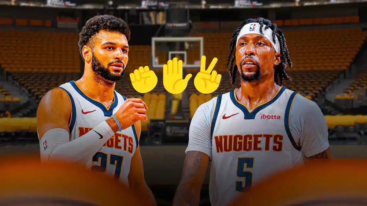 Nuggets' Jamal Murray and Kentavious Caldwell-Pope with rock, paper, and scissor emojis between the two of them