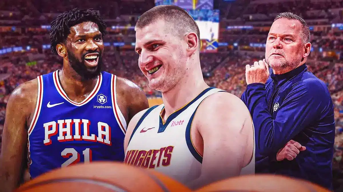 Nuggets Michael Malone and Nikola Jokic with 76ers Joel Embiid