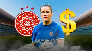The Portland Thorns logo, dollar signs $$$ and women’s soccer player Jessie Fleming