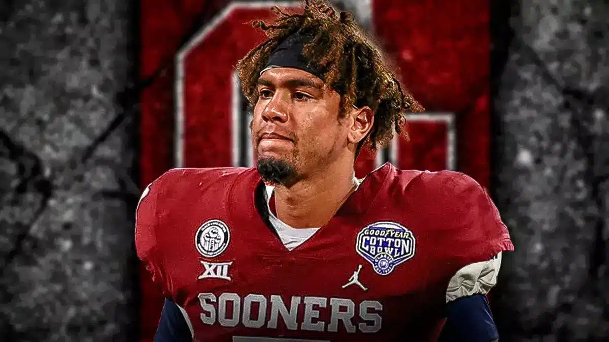 Photo: Casey Thompson in Sooners jersey with OU logo in the back