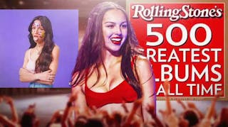 Sour album cover and Rolling Stone 500 Greatest Albums of All Time list logo with Olivia Rodrigo.